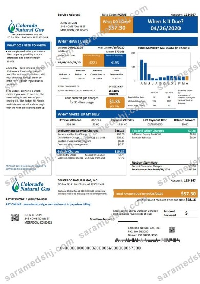USA Colorado Natural Gas utility bill template in Word and PDF format